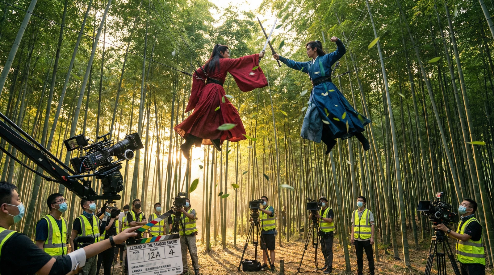 麻豆传媒武侠动作片竹林对决拍摄现场